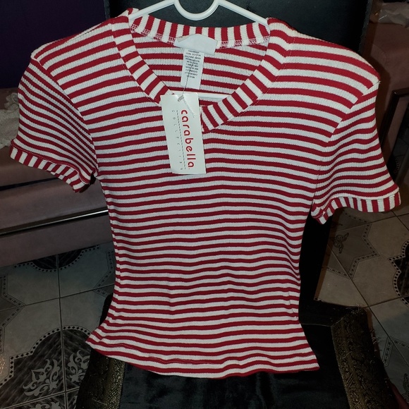 Carabella Red/White Stripe Ribbed V-Neck Tee M NWT - Picture 1 of 6